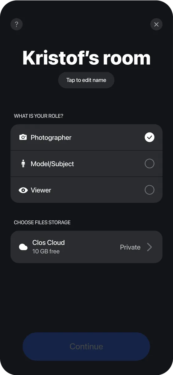 CLOS app — virtual room with live camera preview